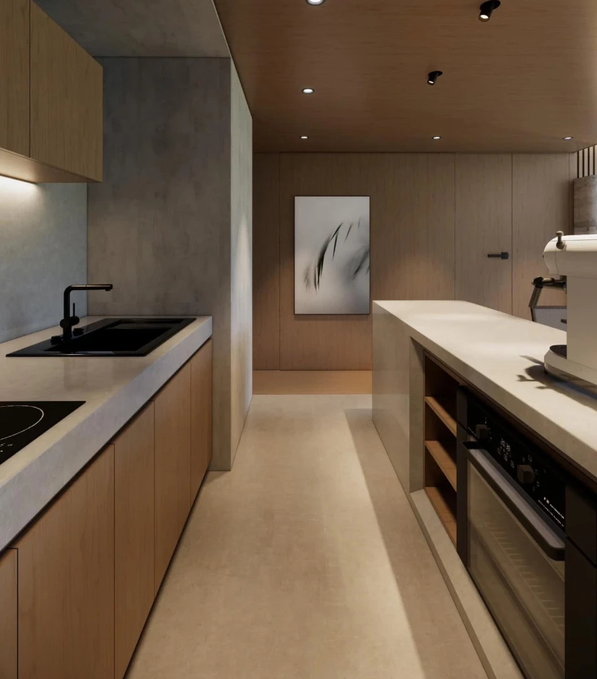Warm wood kitchen with a stone island